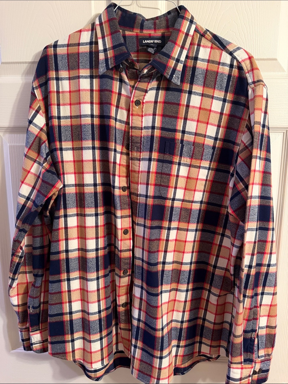 Lands' End Men's Navy, Tan & White Plaid Button-Down Shirt